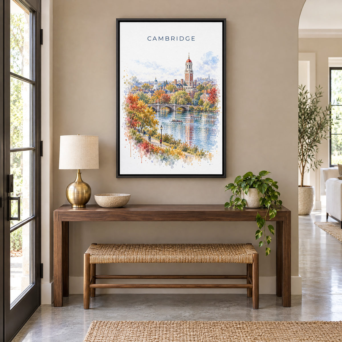 Cambridge, Massachusetts watercolor print as a black floater canvas above a walnut console and woven bench in an entryway