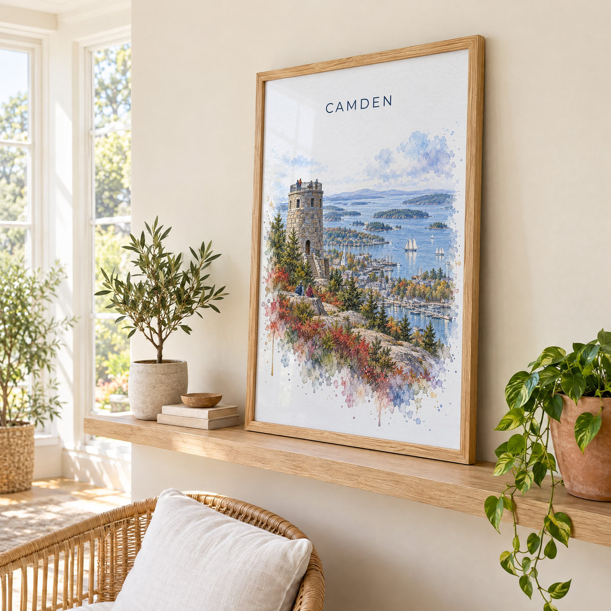 Camden, Maine watercolor print in an oak frame on a picture ledge in a sunlit sunroom