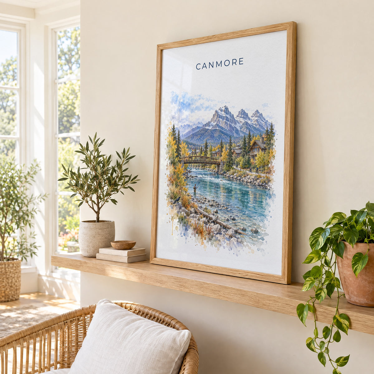 Canmore watercolor print in an oak frame on a picture ledge in a sunlit sunroom