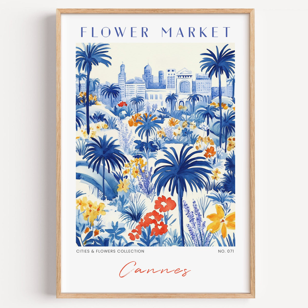 Cannes flower market print in a light oak frame on a plain white wall