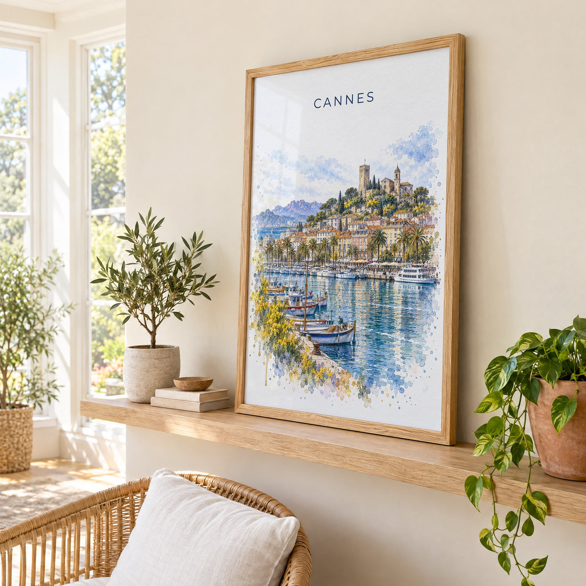 Cannes watercolor print in an oak frame on a picture ledge in a sunlit sunroom