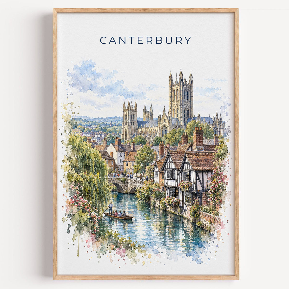 Canterbury, England watercolor print in a light oak frame on a plain white wall