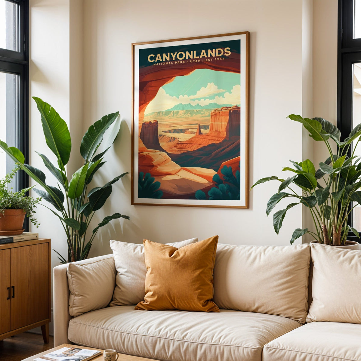 Canyonlands National Park print in an oak frame above a cream living room sofa with a cushion