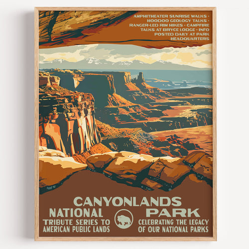 Canyonlands National Park wall art print in a thin wood frame, Mesa Arch framing the layered canyon country beyond