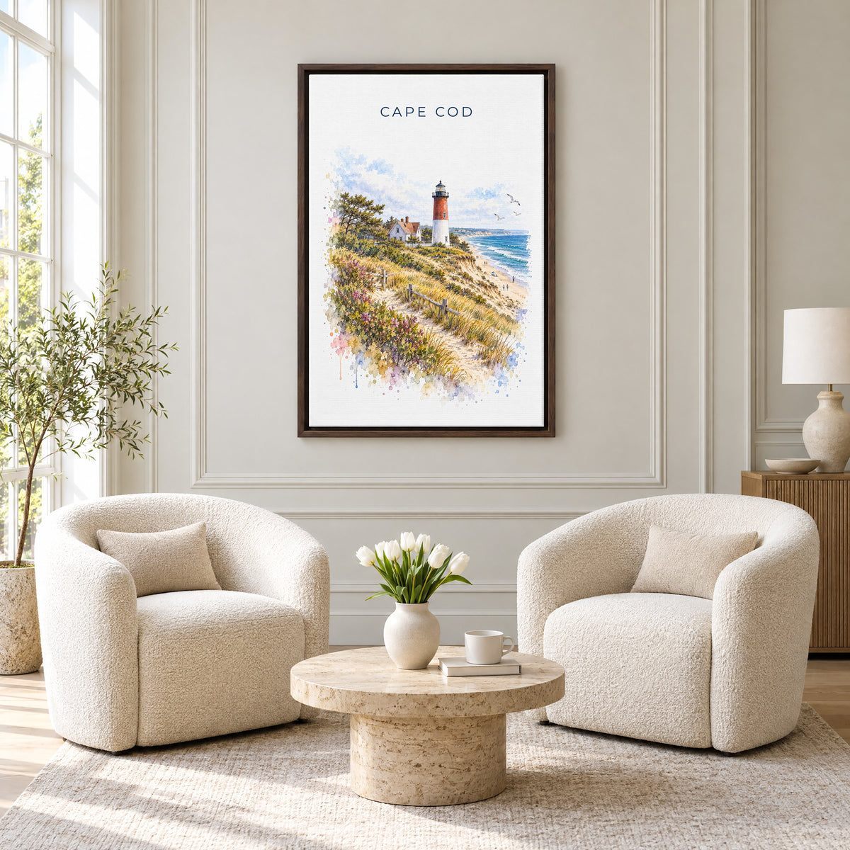Cape Cod National Seashore watercolor print as an espresso floater canvas above two boucle armchairs in a hotel lounge