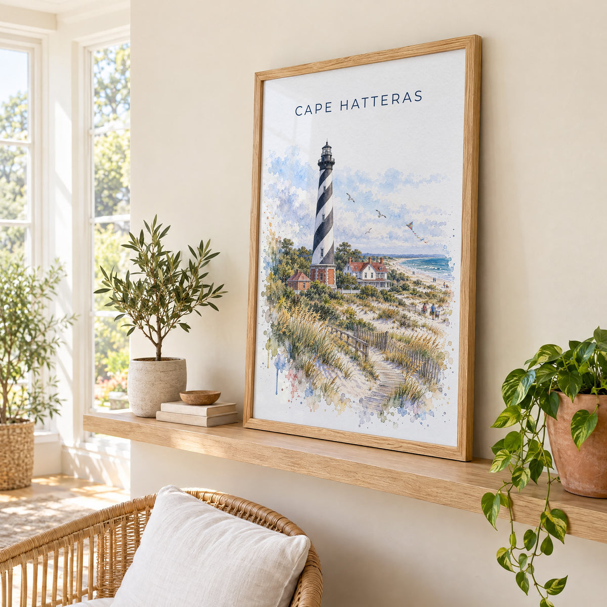 Cape Hatteras watercolor print in an oak frame on a picture ledge in a sunlit sunroom