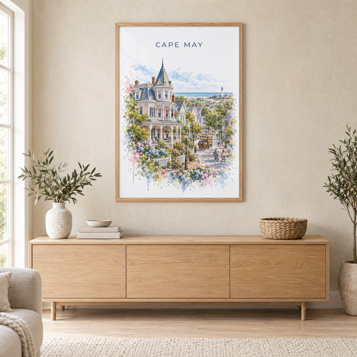 Cape May watercolor print in an oak frame above a light wood sideboard in a Scandinavian living room