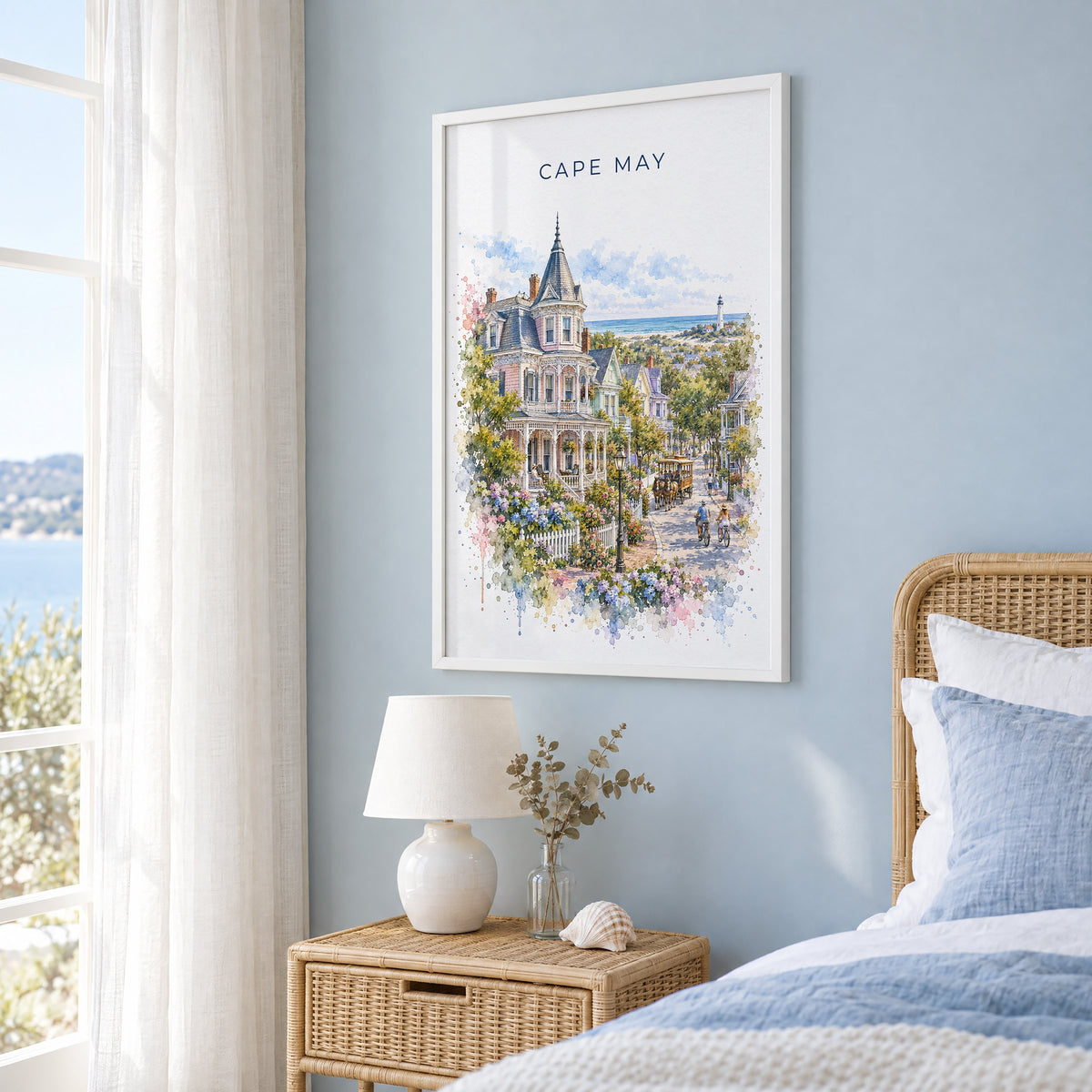 Cape May watercolor print in a white frame on a pale blue wall beside a rattan bed in a coastal bedroom