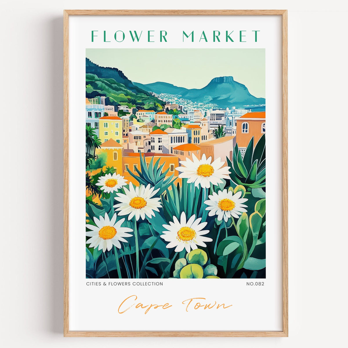 Cape Town flower market print in a light oak frame on a plain white wall
