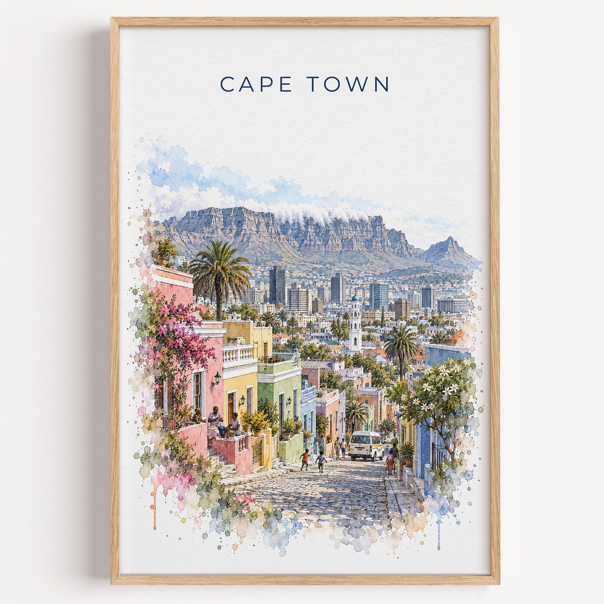 Cape Town watercolor print in a light oak frame on a plain white wall