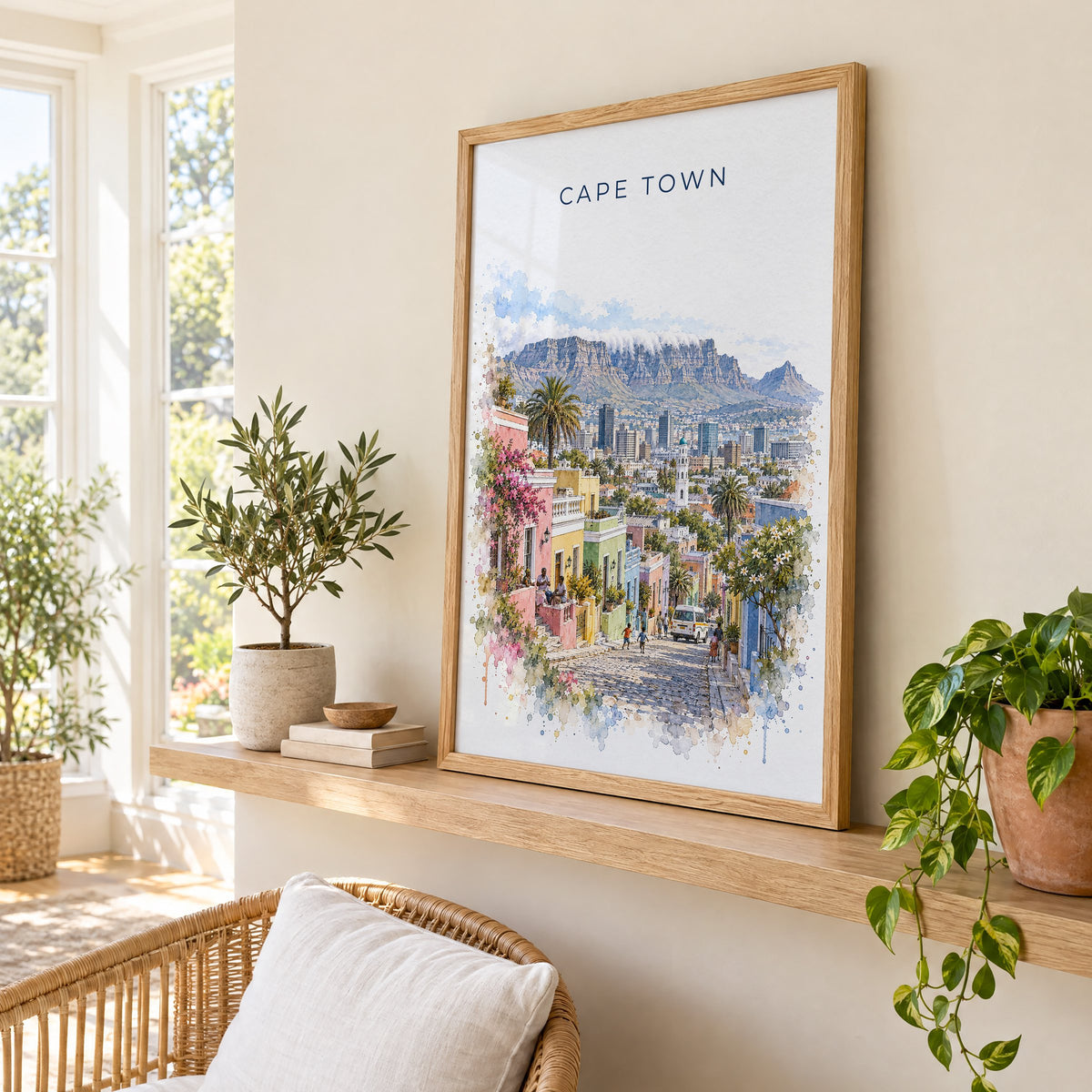 Cape Town watercolor print in an oak frame on a picture ledge in a sunlit sunroom