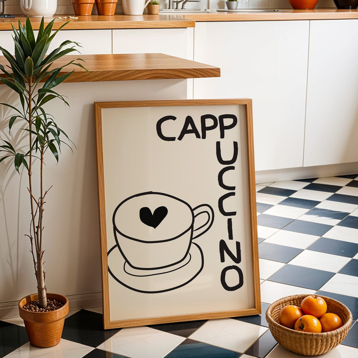 Cappuccino heart print in an oak frame by a kitchen island and checkered floor