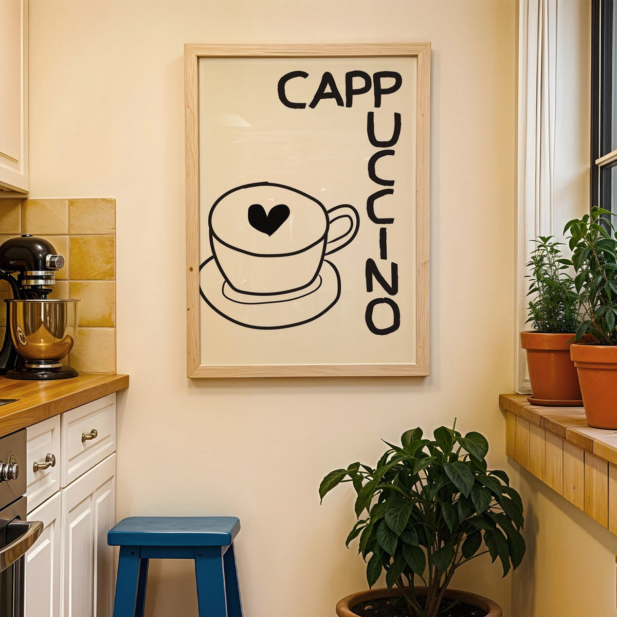 Cappuccino heart print in a wood frame on a yellow tiled kitchen wall