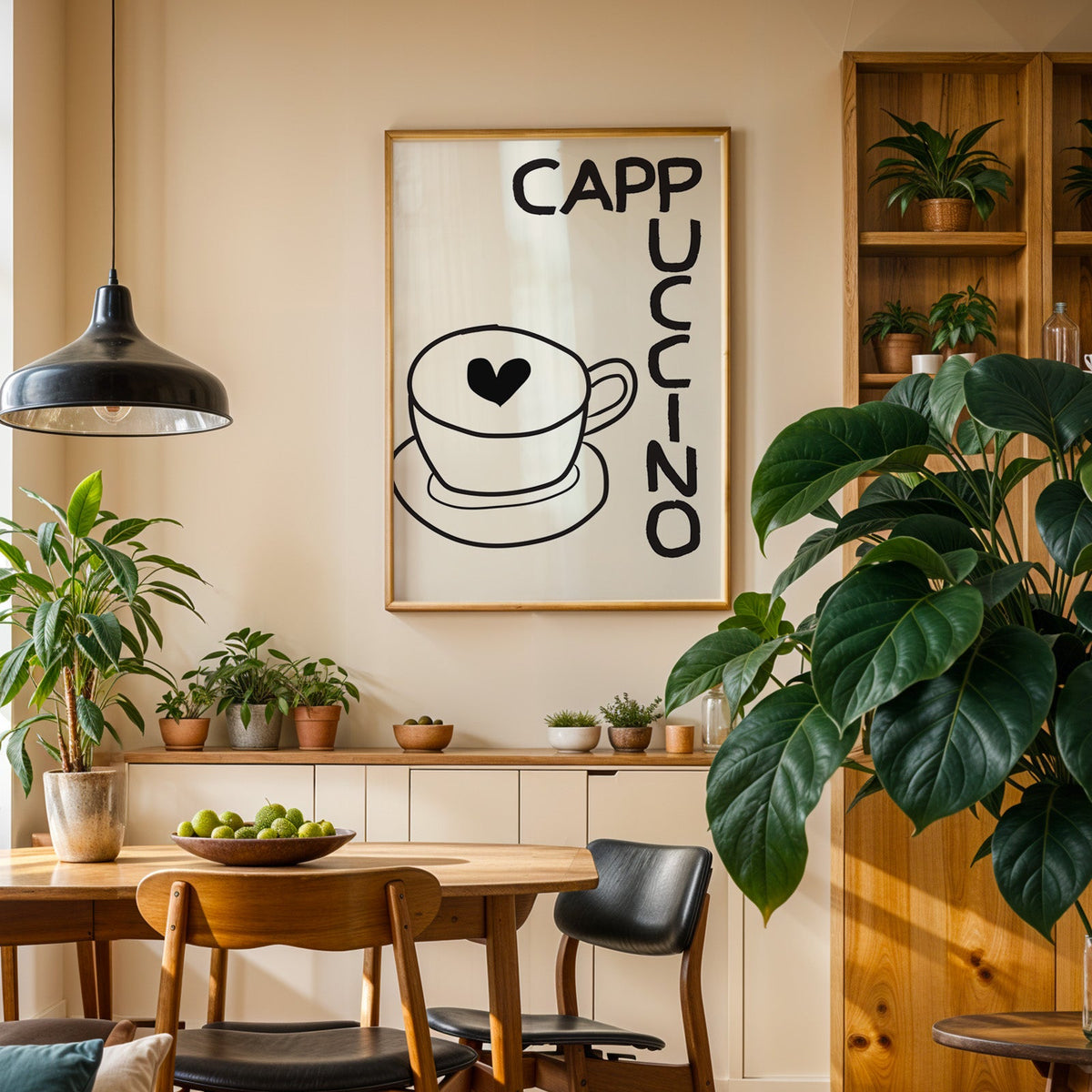 Cappuccino heart print in an oak frame above a sideboard in a dining room