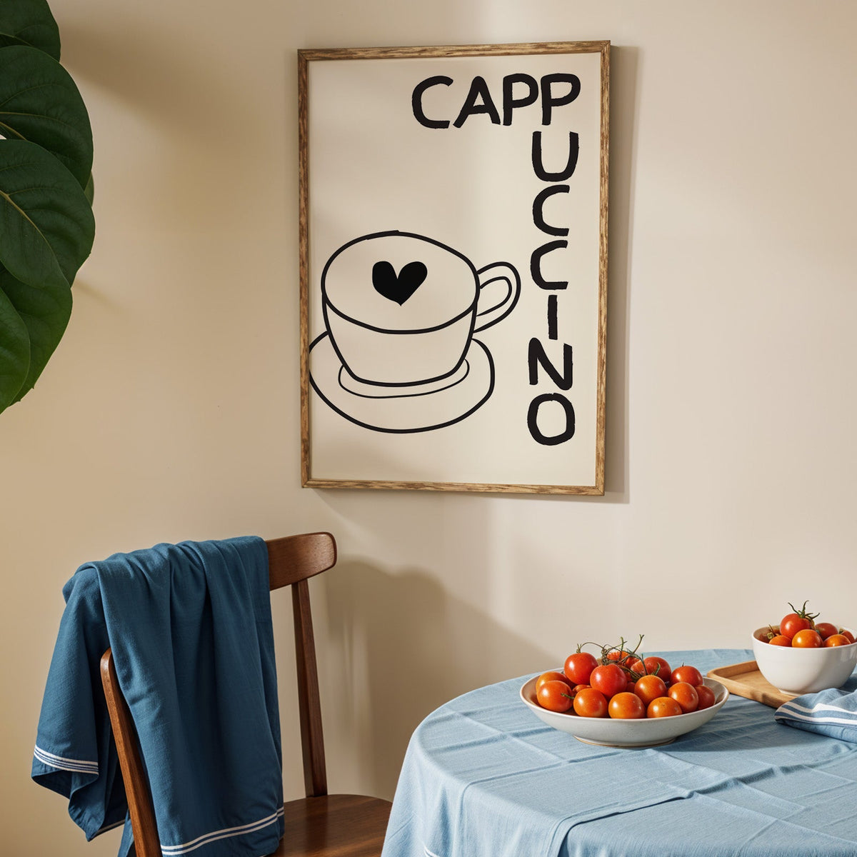 Cappuccino heart print in an oak frame above a blue linen table with tomatoes