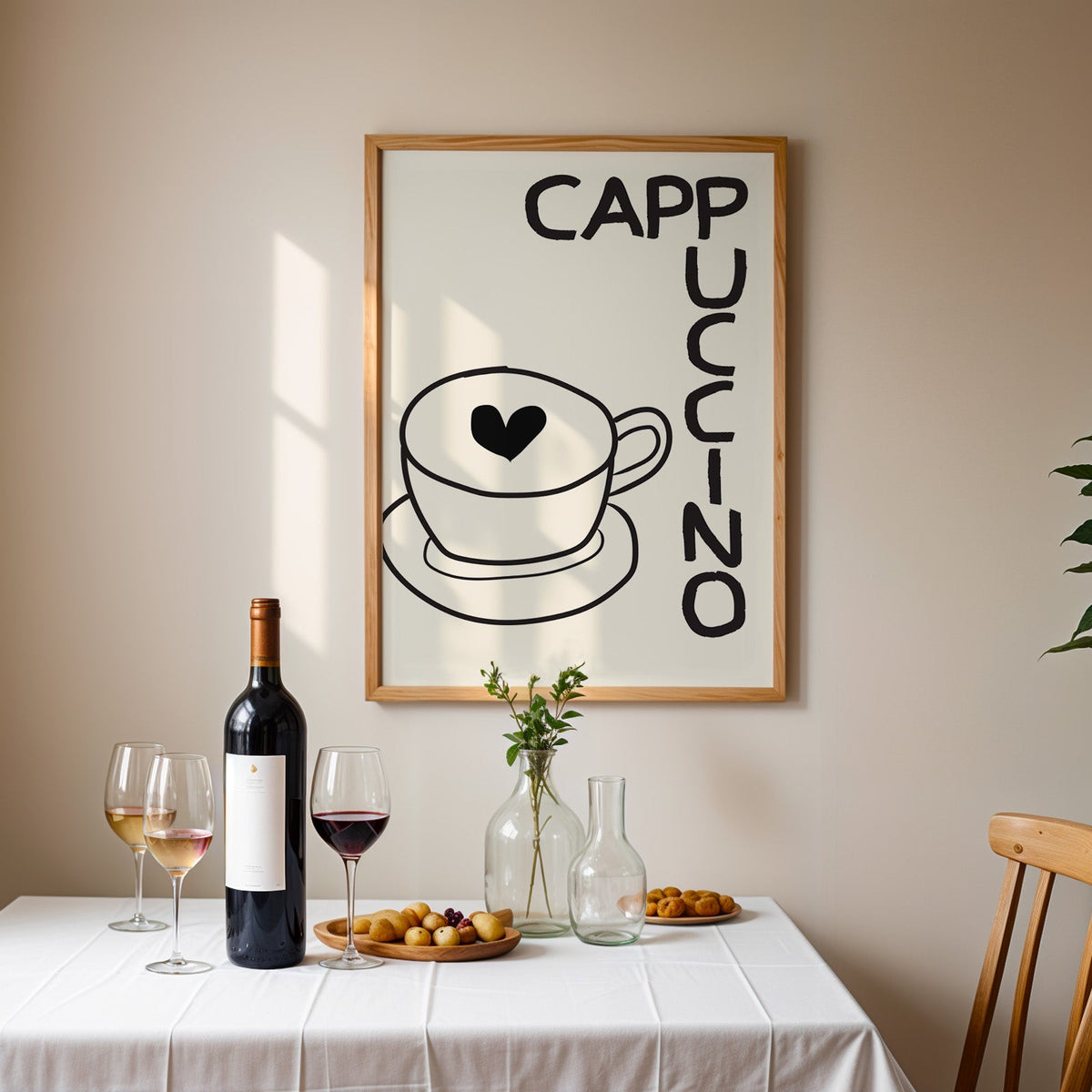 Cappuccino heart print in an oak frame above a table laid with wine and glasses