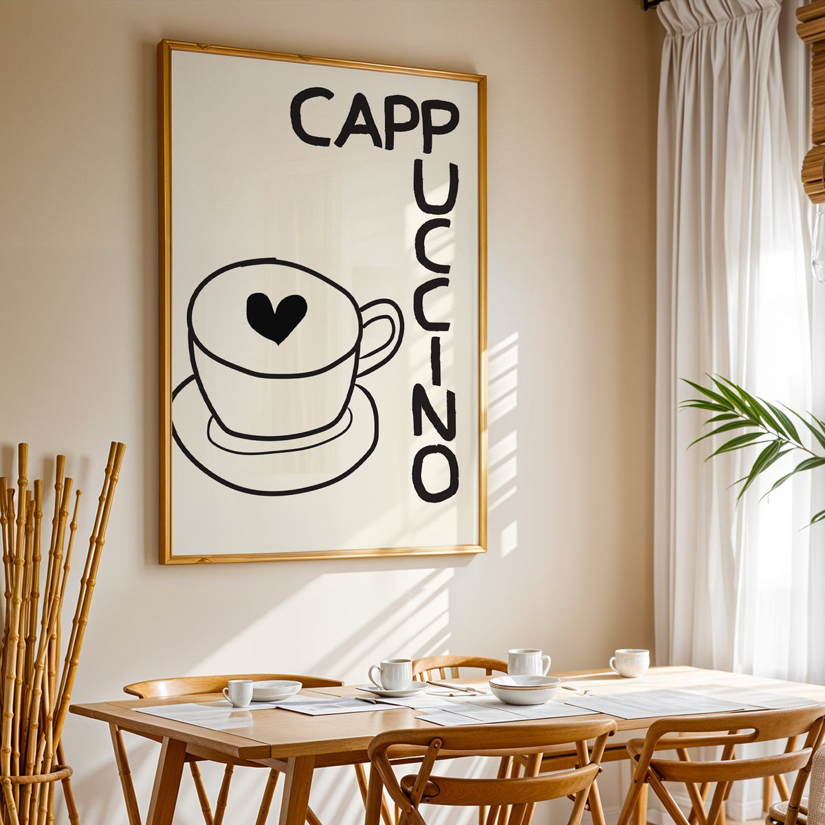 Cappuccino heart print in a gold frame above a sunlit breakfast table