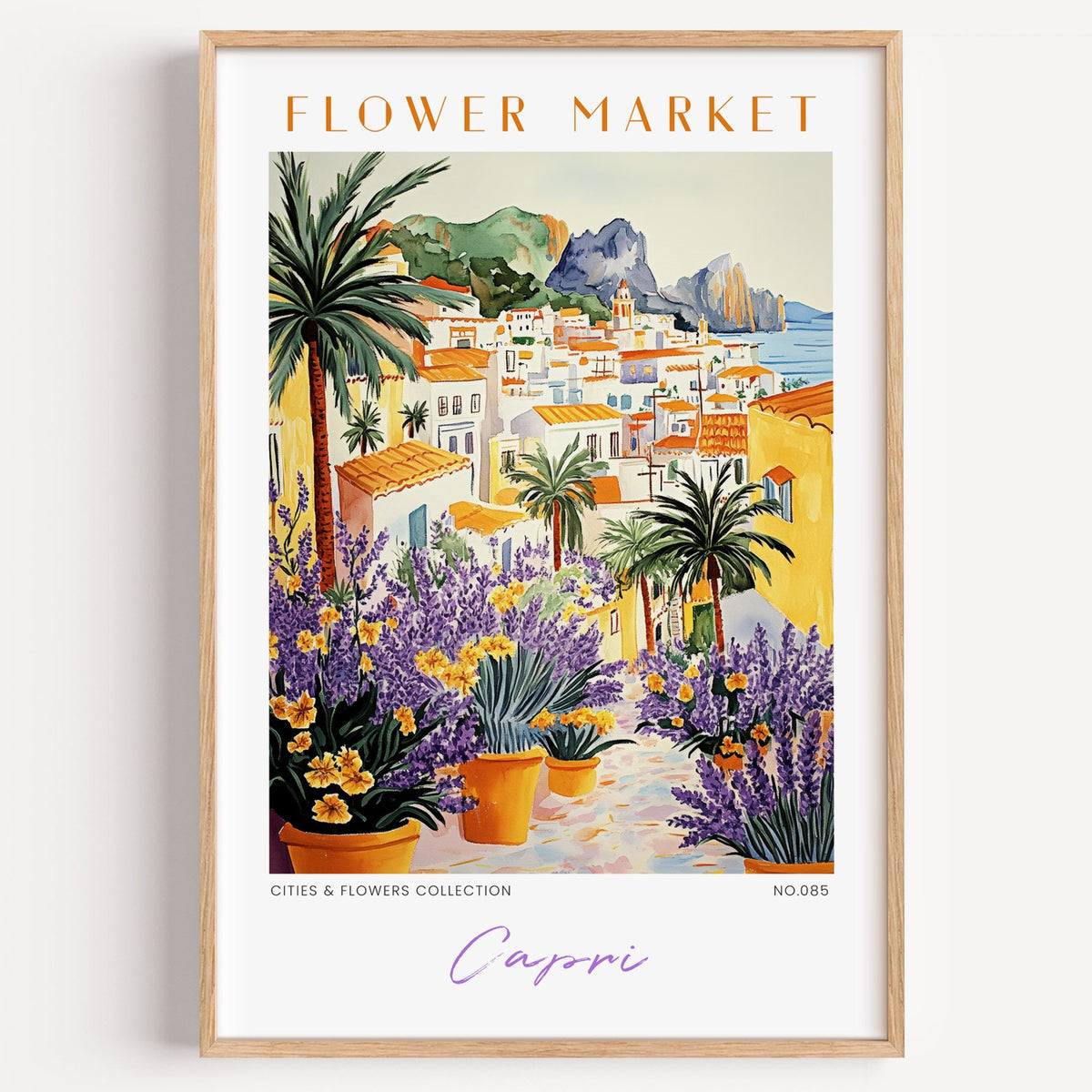 Capri flower market print in a light oak frame on a plain white wall