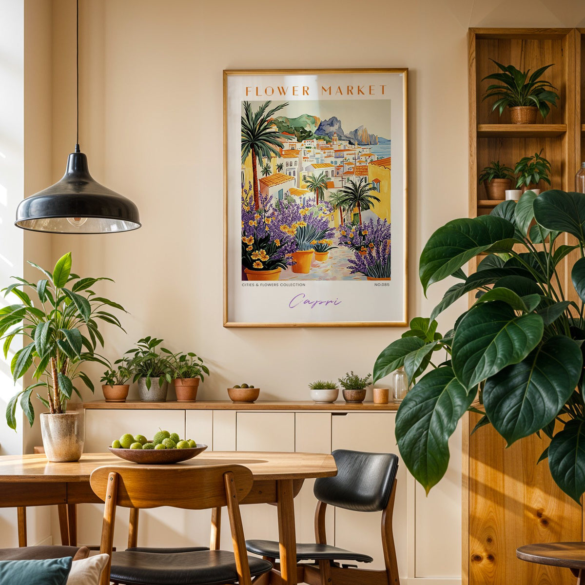 Capri flower market print in an oak frame above a dining sideboard lined with potted plants