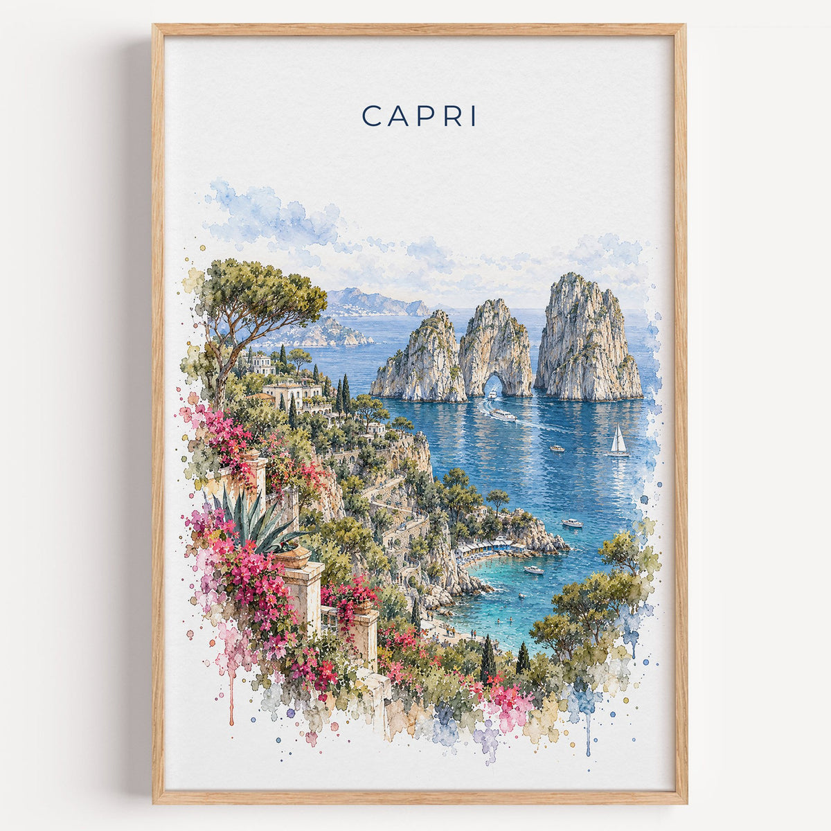 Capri watercolor print in a light oak frame on a plain white wall