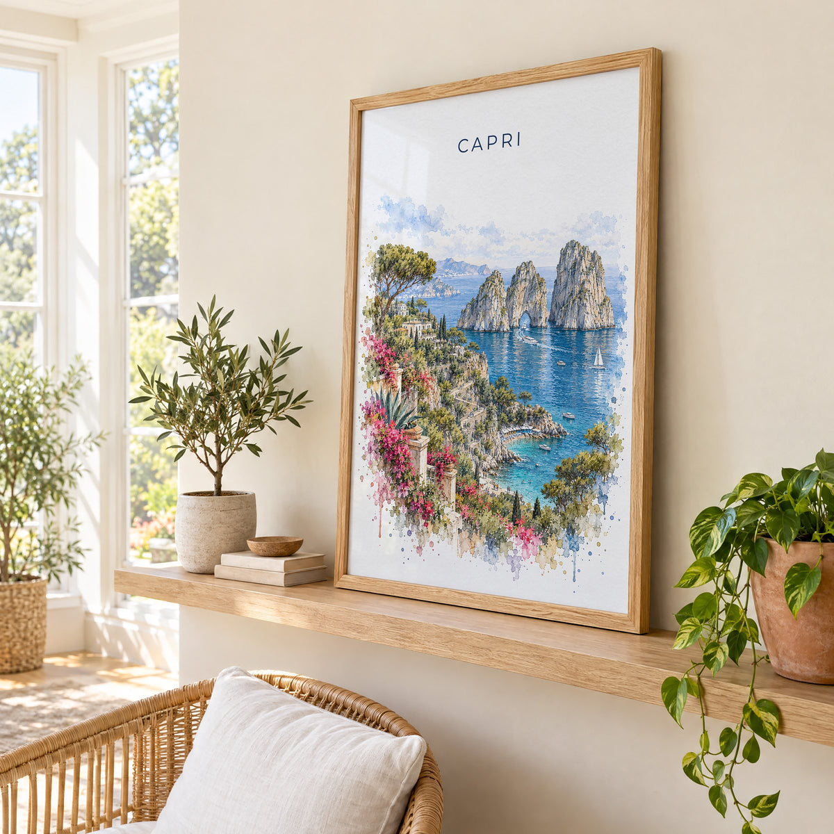 Capri watercolor print in an oak frame on a picture ledge in a sunlit sunroom