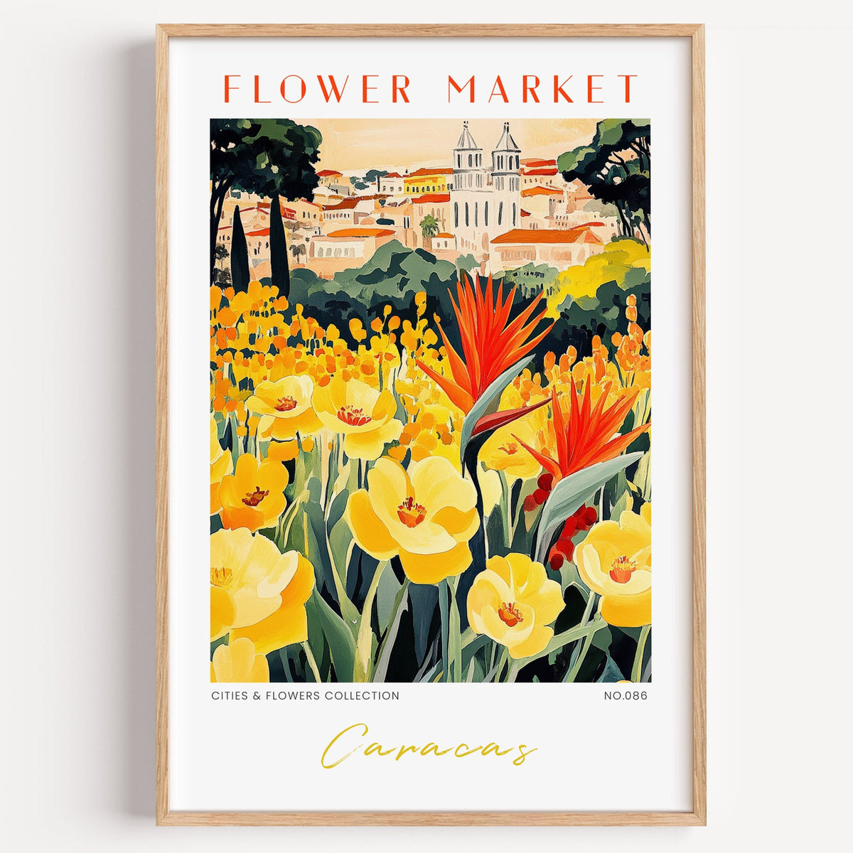 Caracas flower market print in a light oak frame on a plain white wall