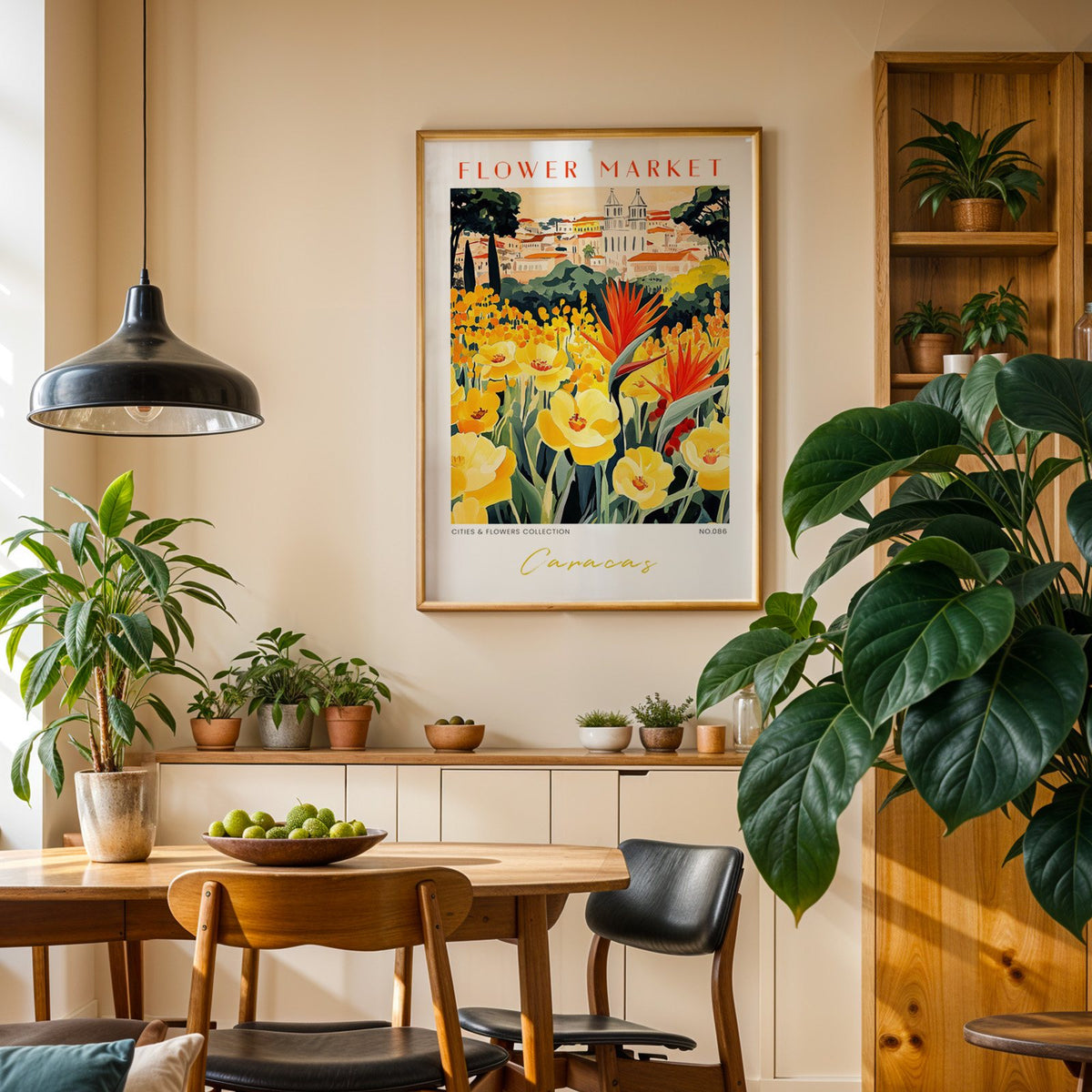 Caracas flower market print in an oak frame above a dining sideboard lined with potted plants