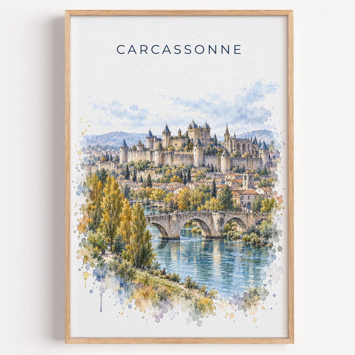 Carcassonne watercolor print in a light oak frame on a plain white wall