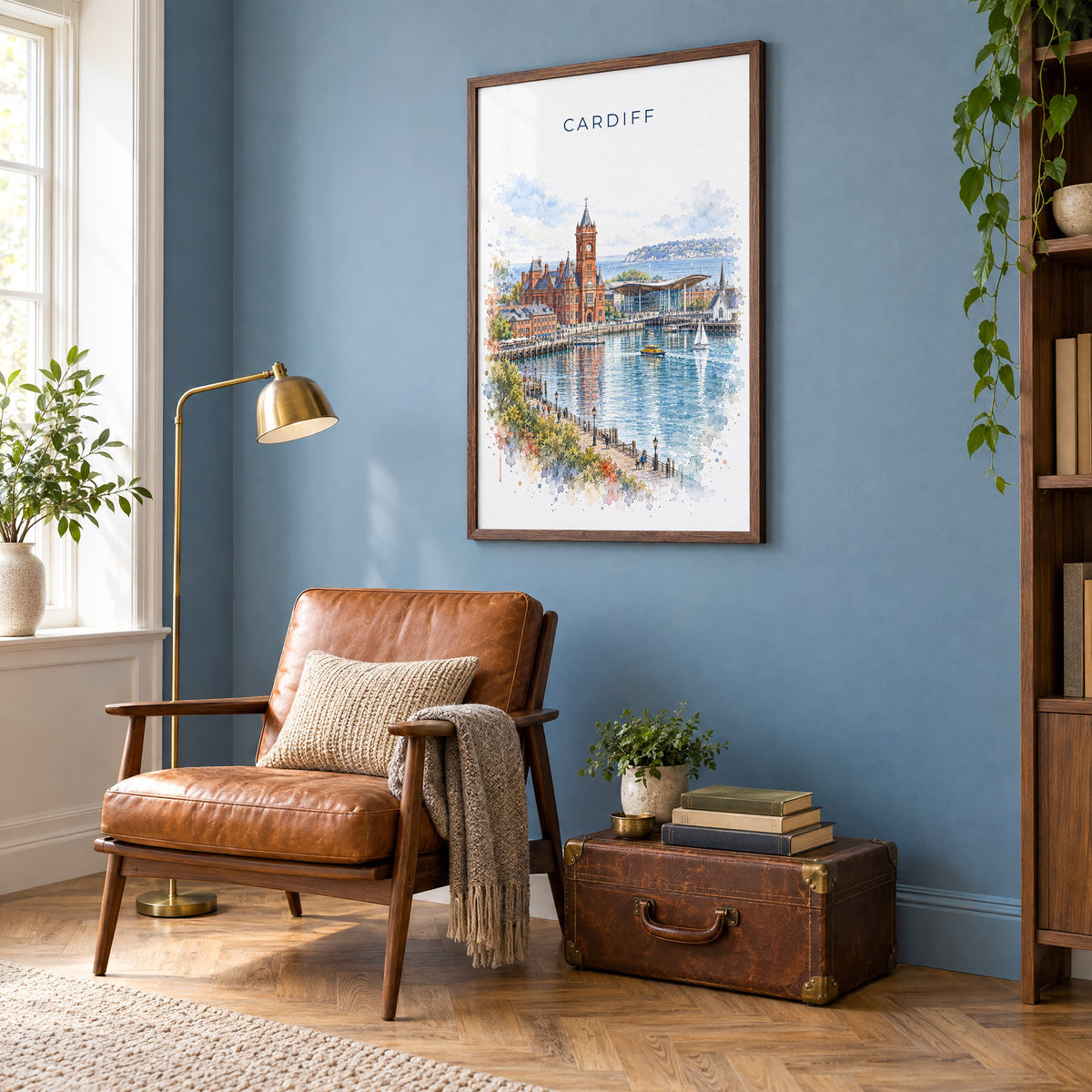 Cardiff watercolor print in a walnut frame on a blue wall above a leather armchair in a reading nook