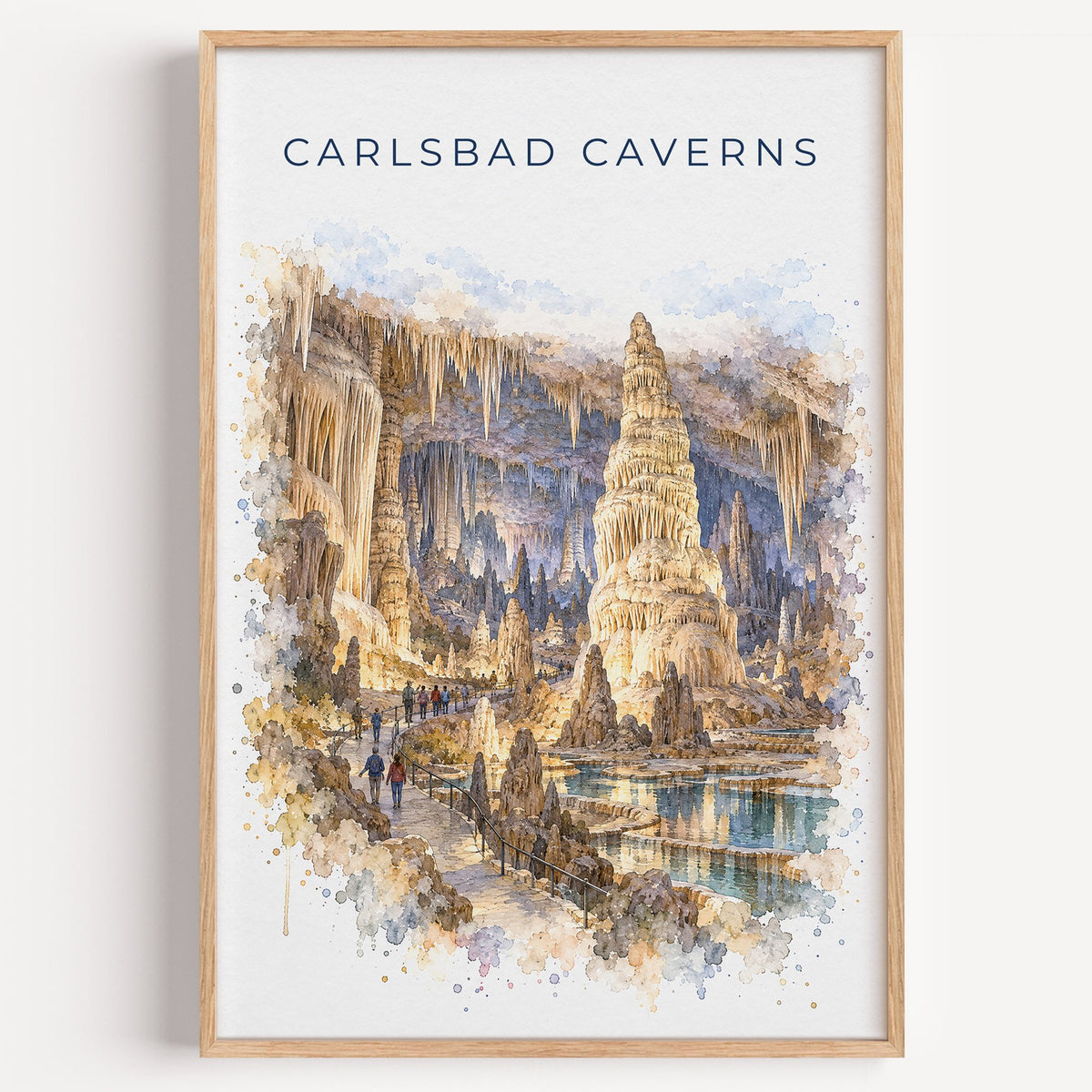 Carlsbad Caverns National Park watercolor print in a light oak frame on a plain white wall
