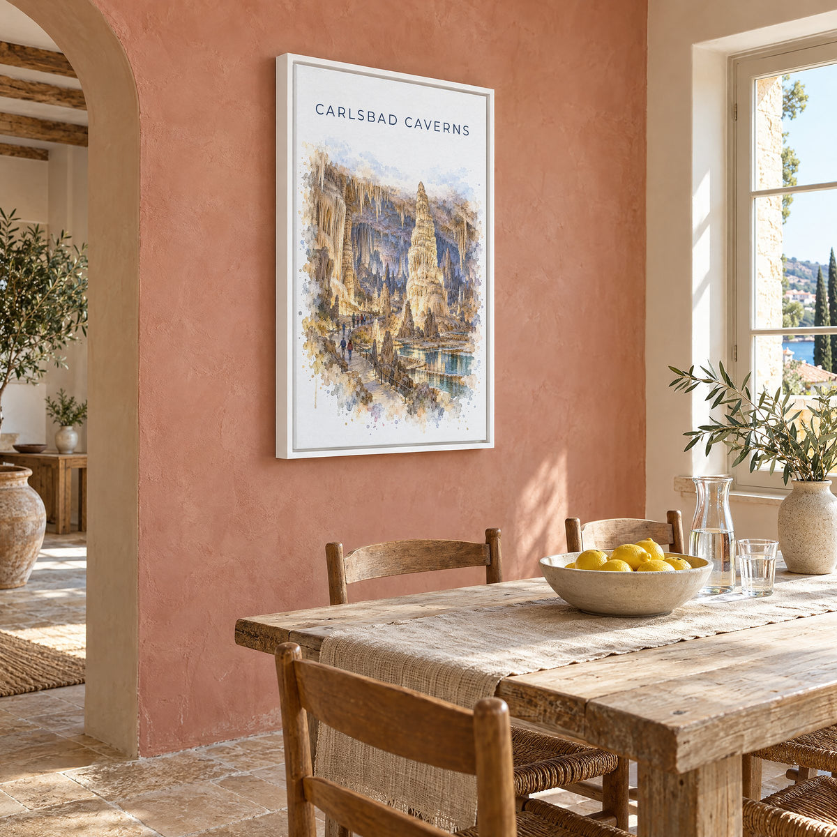 Carlsbad Caverns National Park watercolor print as a white floater canvas on a terracotta wall above a rustic dining table