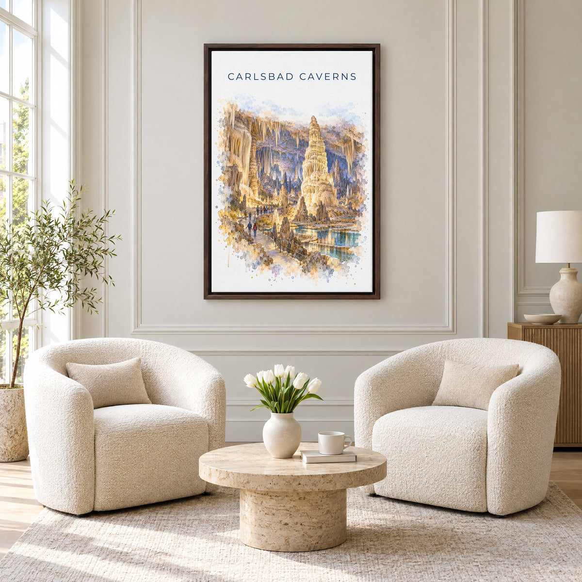 Carlsbad Caverns National Park watercolor print as an espresso floater canvas above two boucle armchairs in a hotel lounge