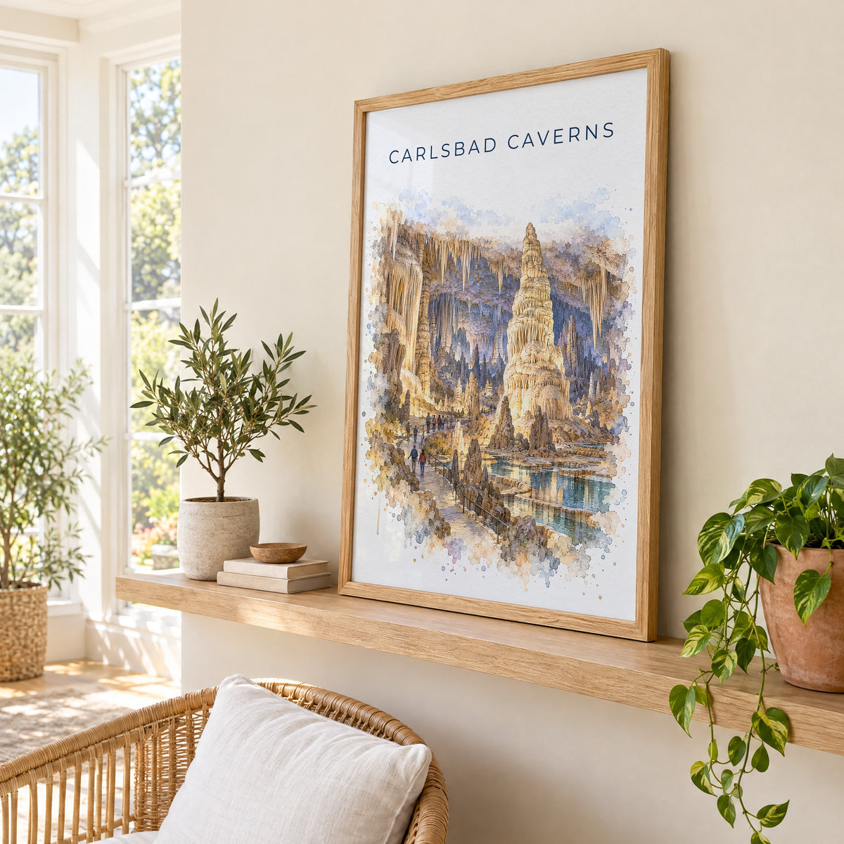 Carlsbad Caverns National Park watercolor print in an oak frame on a picture ledge in a sunlit sunroom