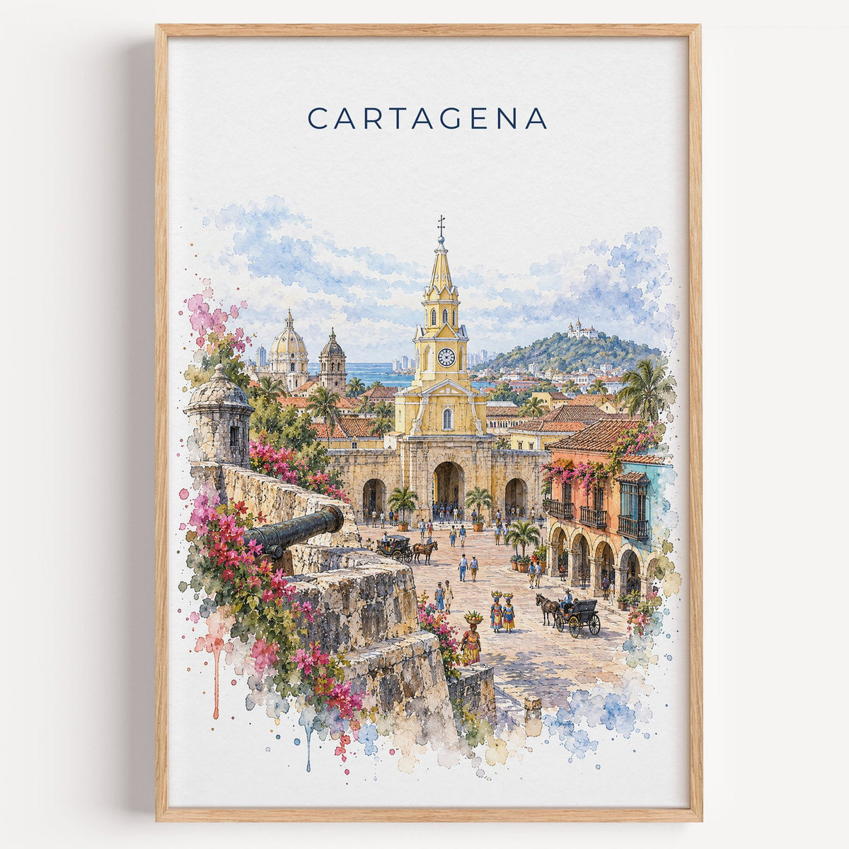 Cartagena, Colombia watercolor print in a light oak frame on a plain white wall