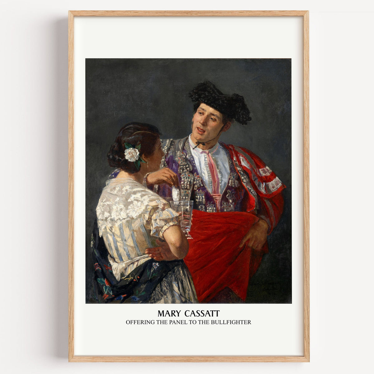 Mary Cassatt Offering the Panel to the Bullfighter print in a light oak frame on a white wall