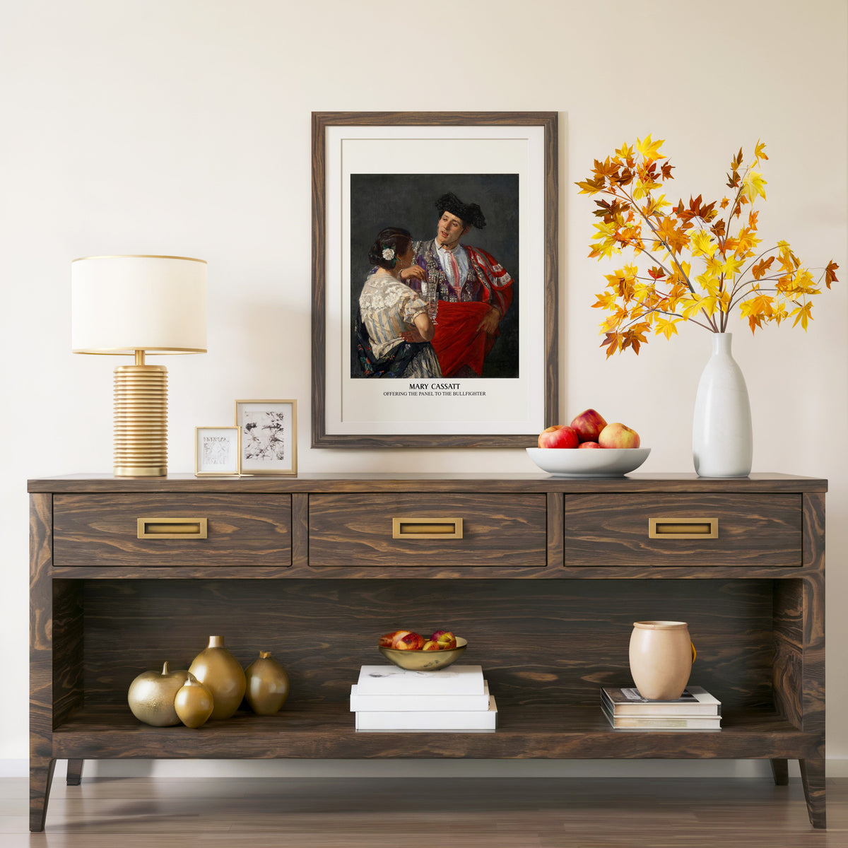 Offering the Panel print in a walnut frame above a console with autumn branches