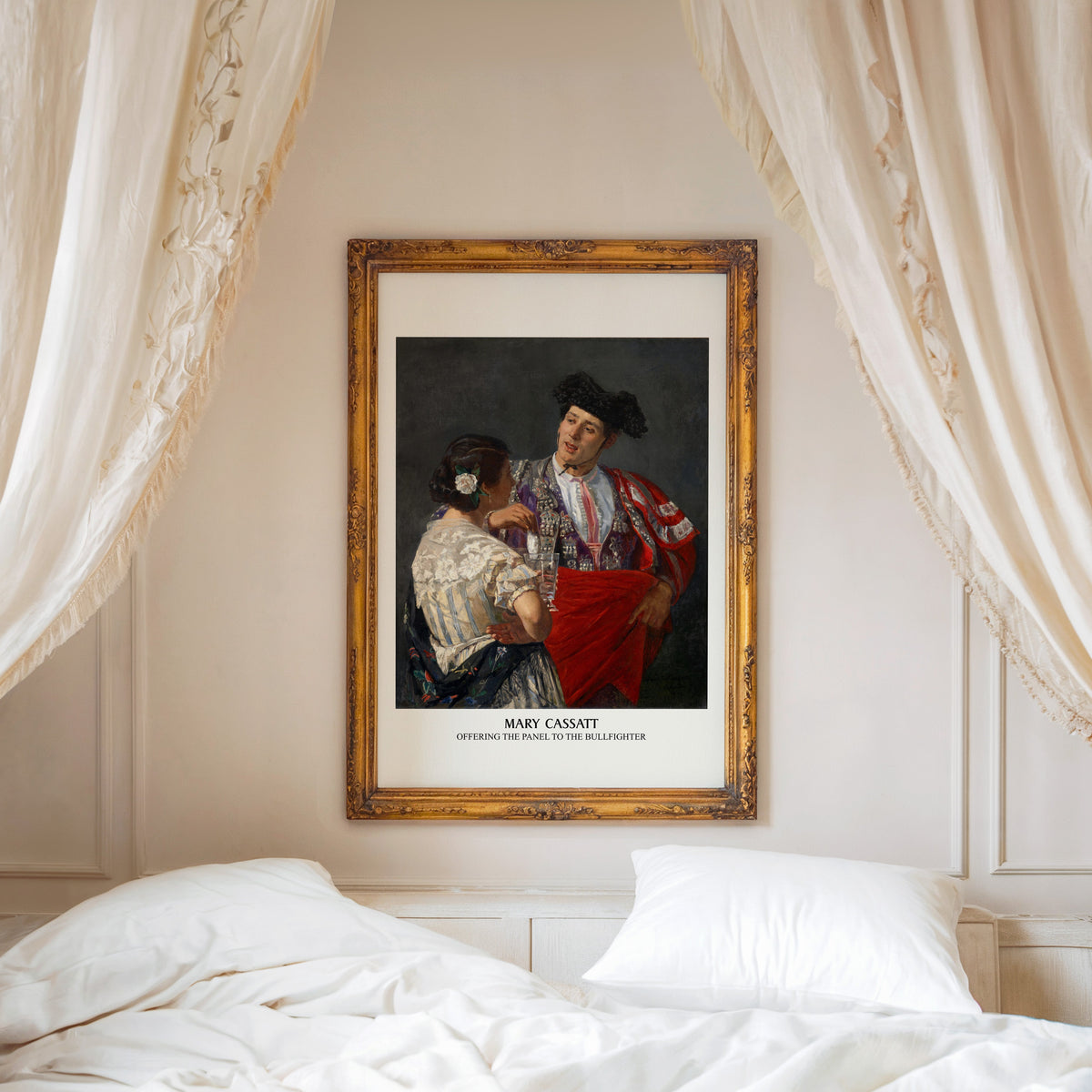 Cassatt Seville print shown in an ornate gold frame above a canopy bed