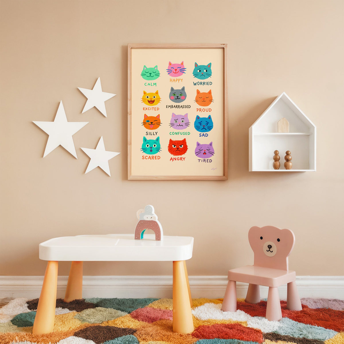 Colourful cat feelings chart nursery print in an oak frame on a peach wall above a kids table with wall stars