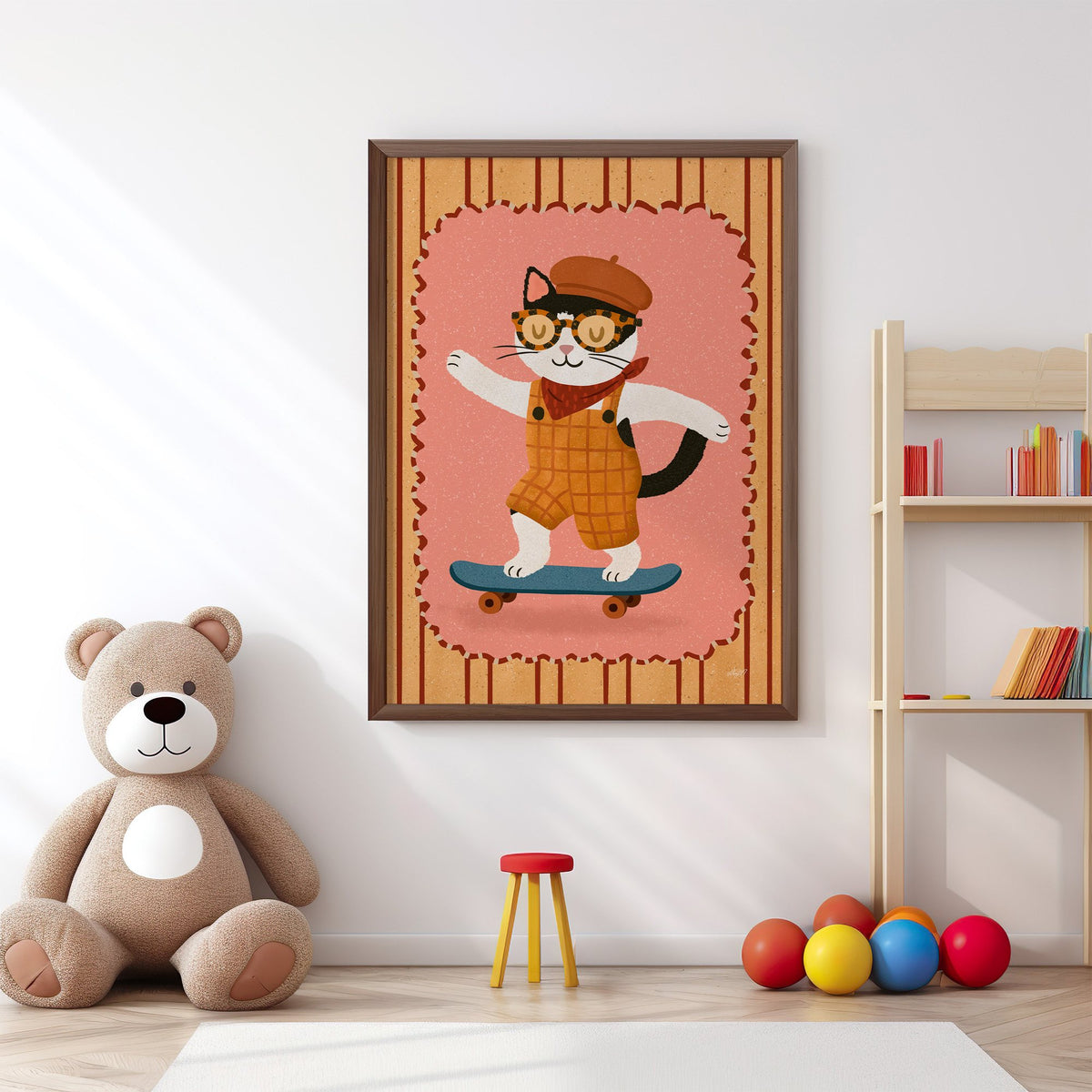 Black and white cat on skateboard nursery print in a walnut frame above a big teddy bear by a bookshelf