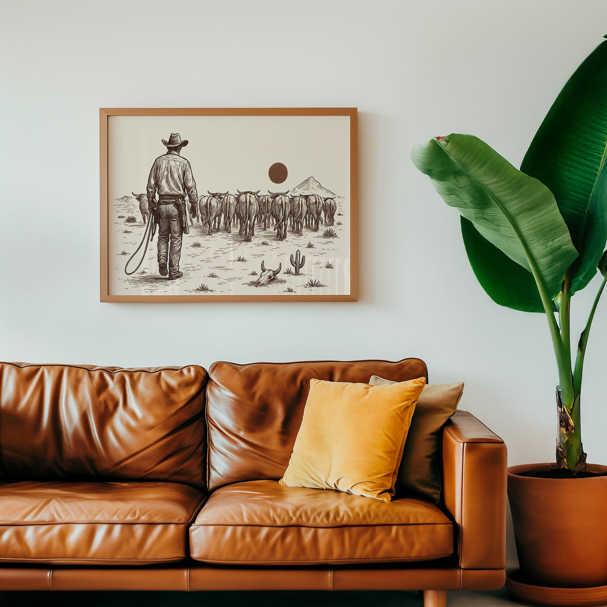 Cattle drive print in an oak frame above a cognac leather sofa