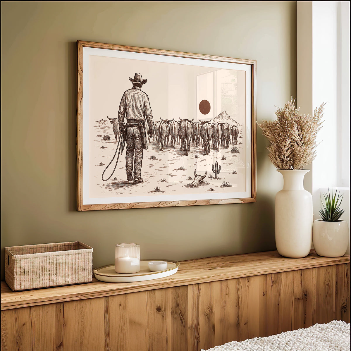 Cattle drive print in an oak frame on an olive green wall above pampas grass