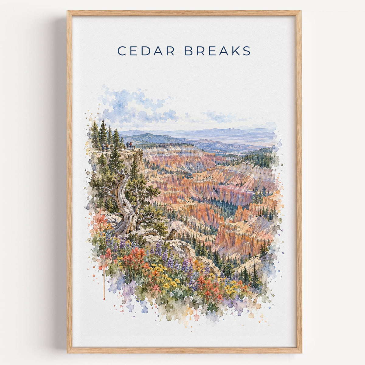 Cedar Breaks National Monument watercolor print in a light oak frame on a plain white wall