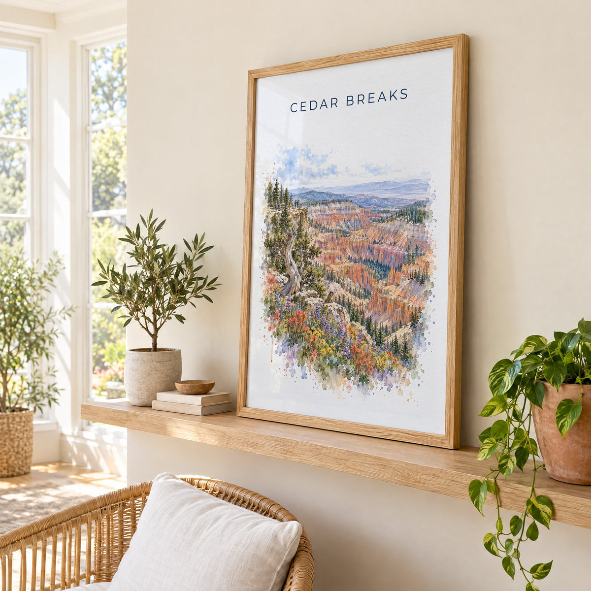 Cedar Breaks National Monument watercolor print in an oak frame on a picture ledge in a sunlit sunroom