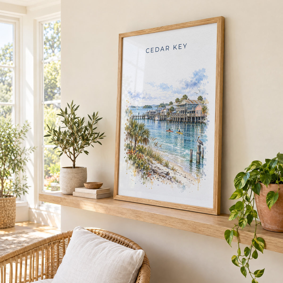 Cedar Key, Florida watercolor print in an oak frame on a picture ledge in a sunlit sunroom