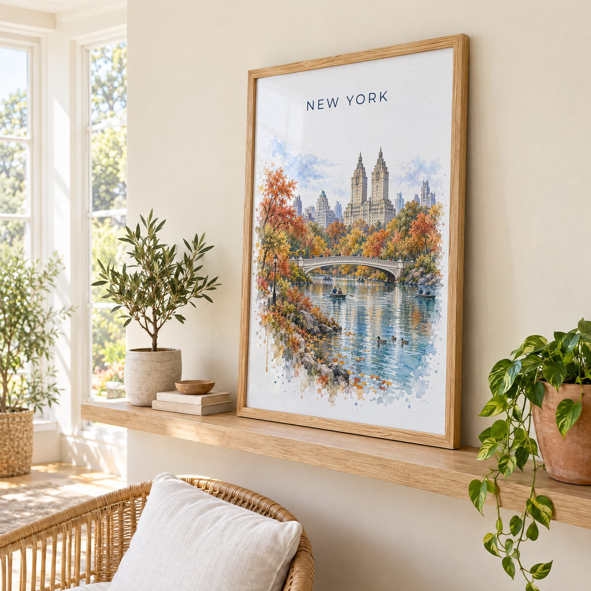 Central Park watercolor print in an oak frame on a picture ledge in a sunlit sunroom