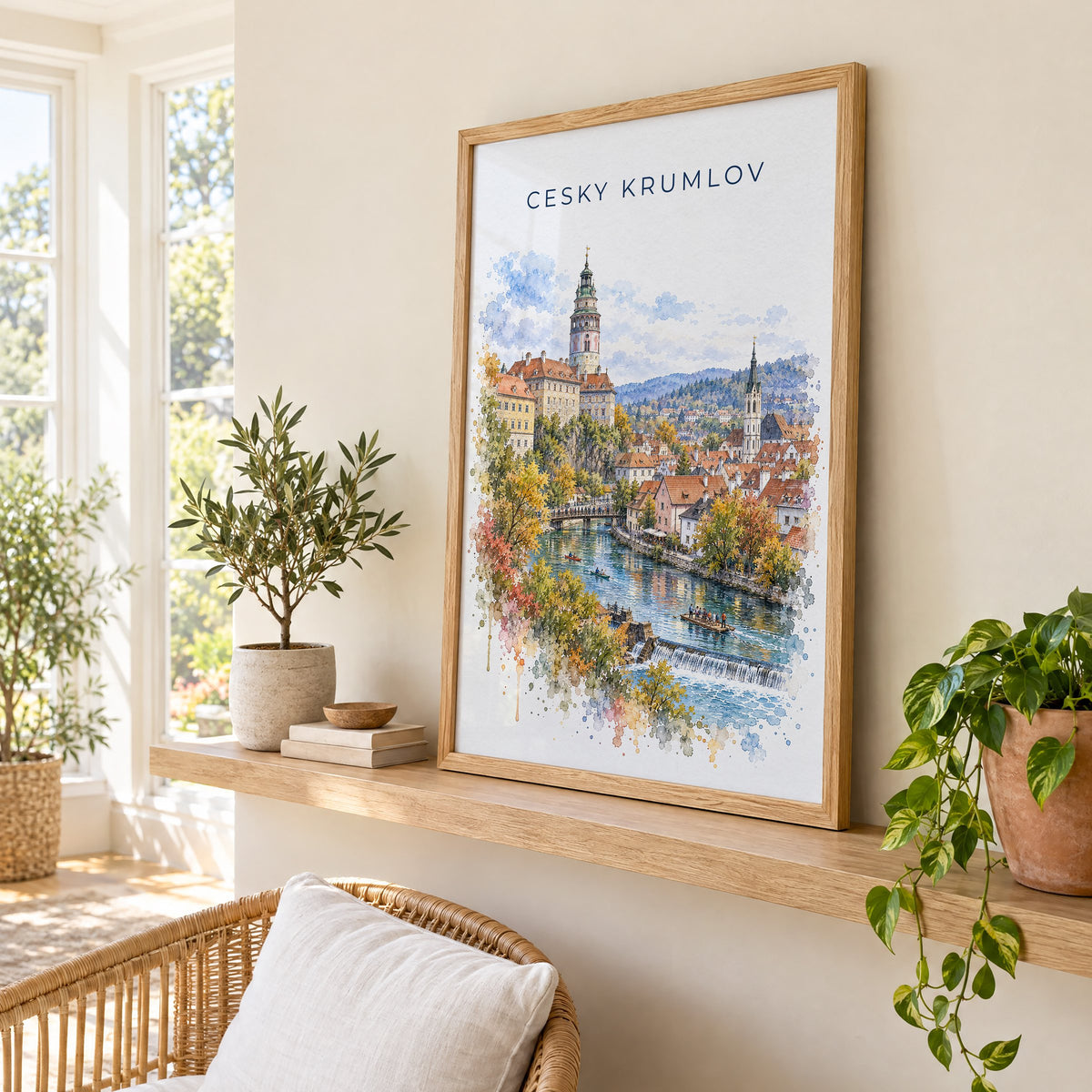Cesky Krumlov watercolor print in an oak frame on a picture ledge in a sunlit sunroom