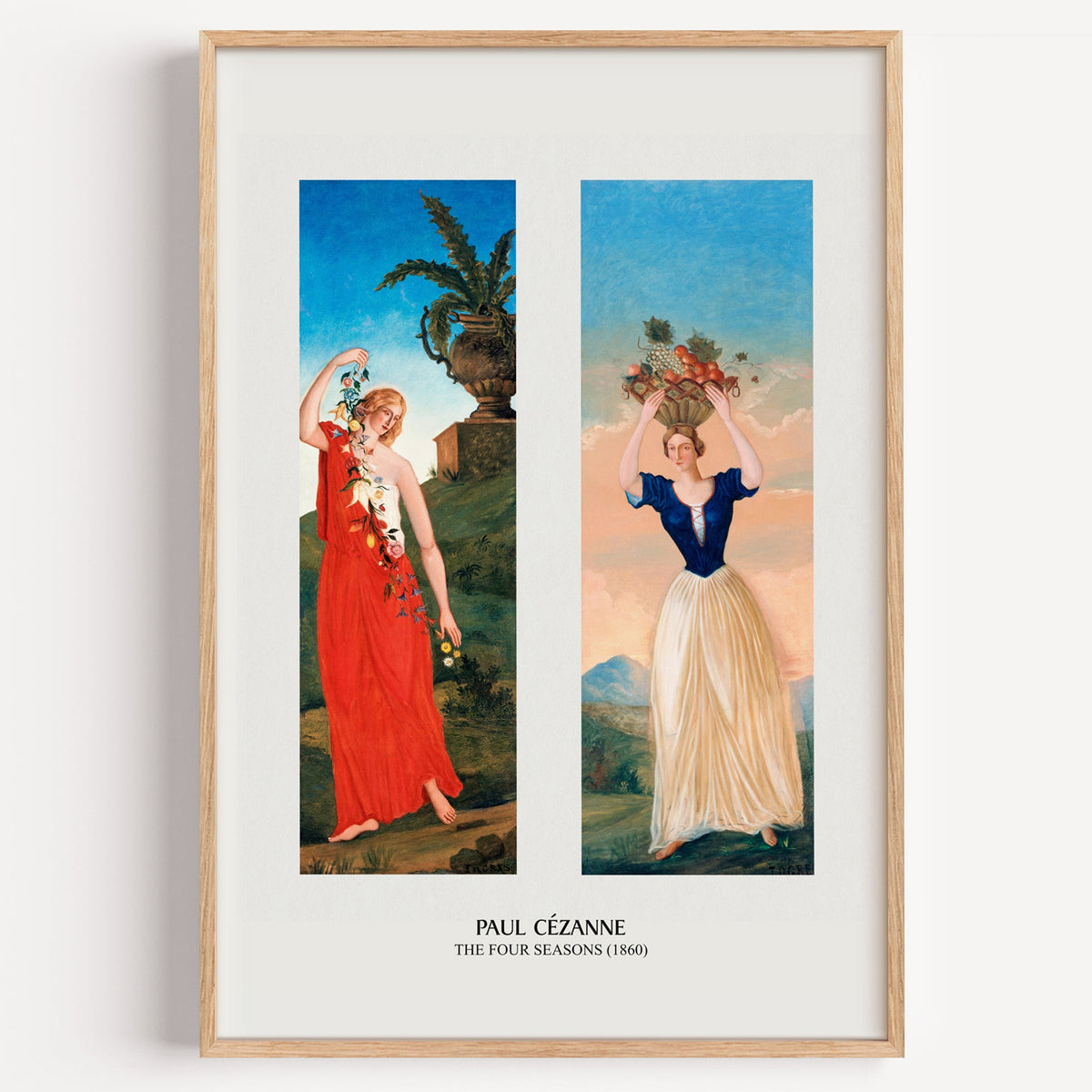 Paul Cézanne Four Seasons panels print in a light oak frame on a white wall