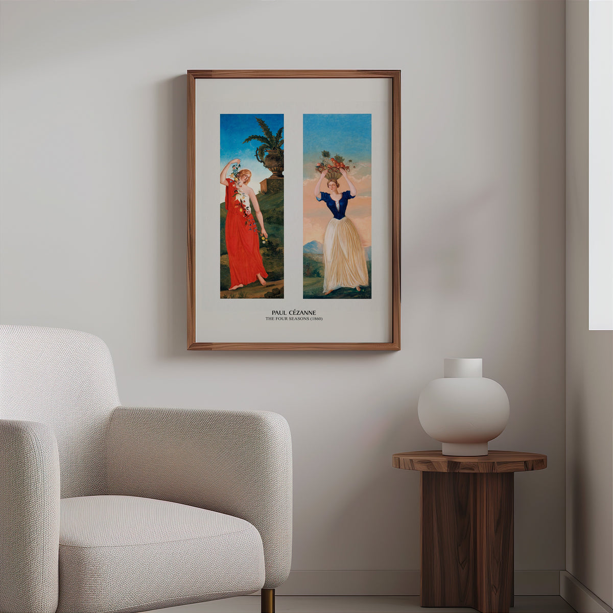 Two-panel figure print in a slim walnut frame above a bouclé armchair