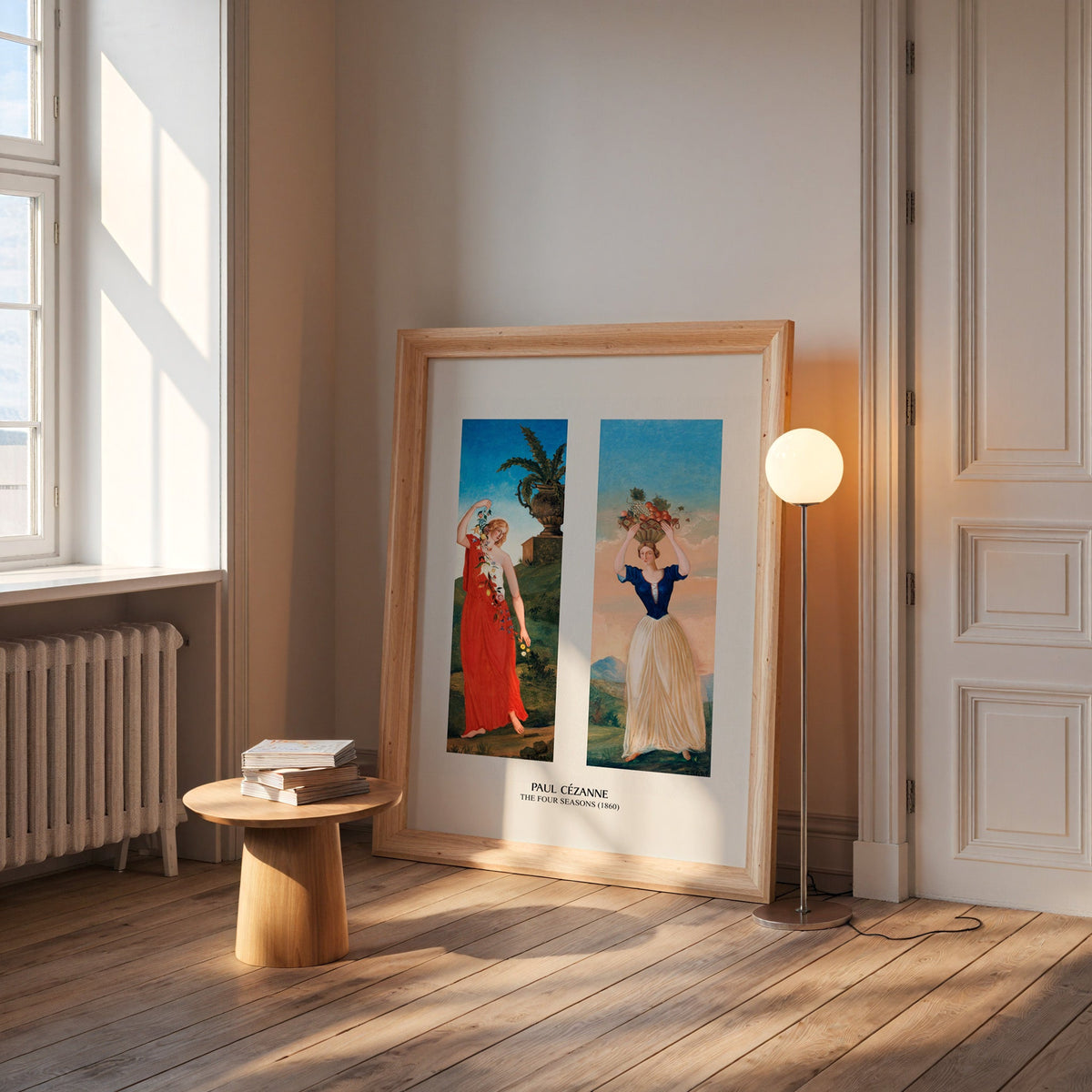Four Seasons panels print in a wide pine frame leaning by a sunlit window