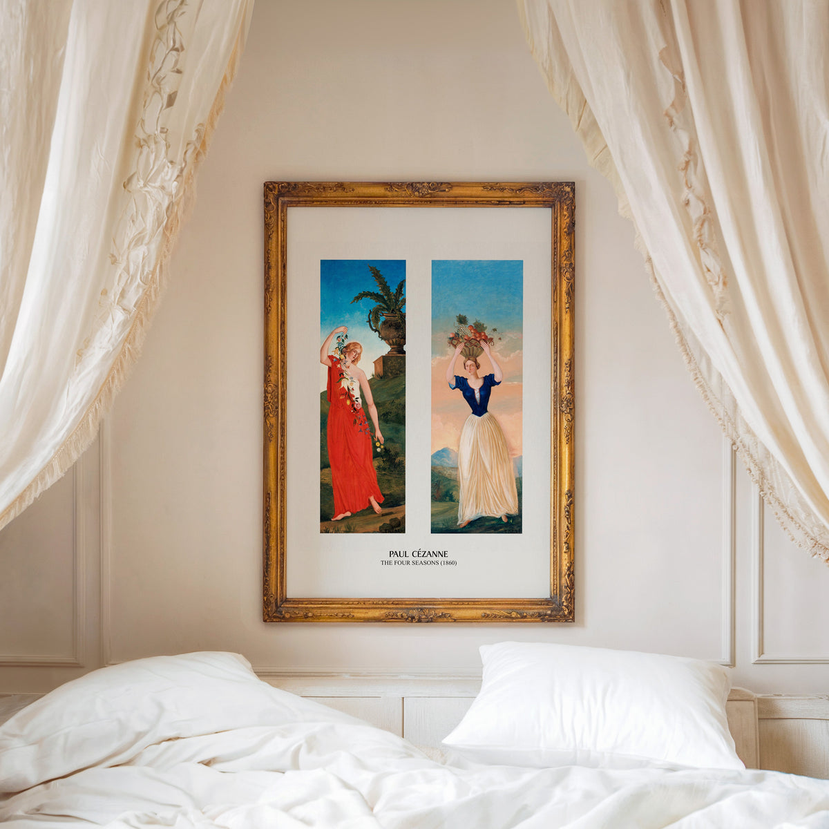 Cézanne figure print shown in an ornate gold frame above a canopy bed